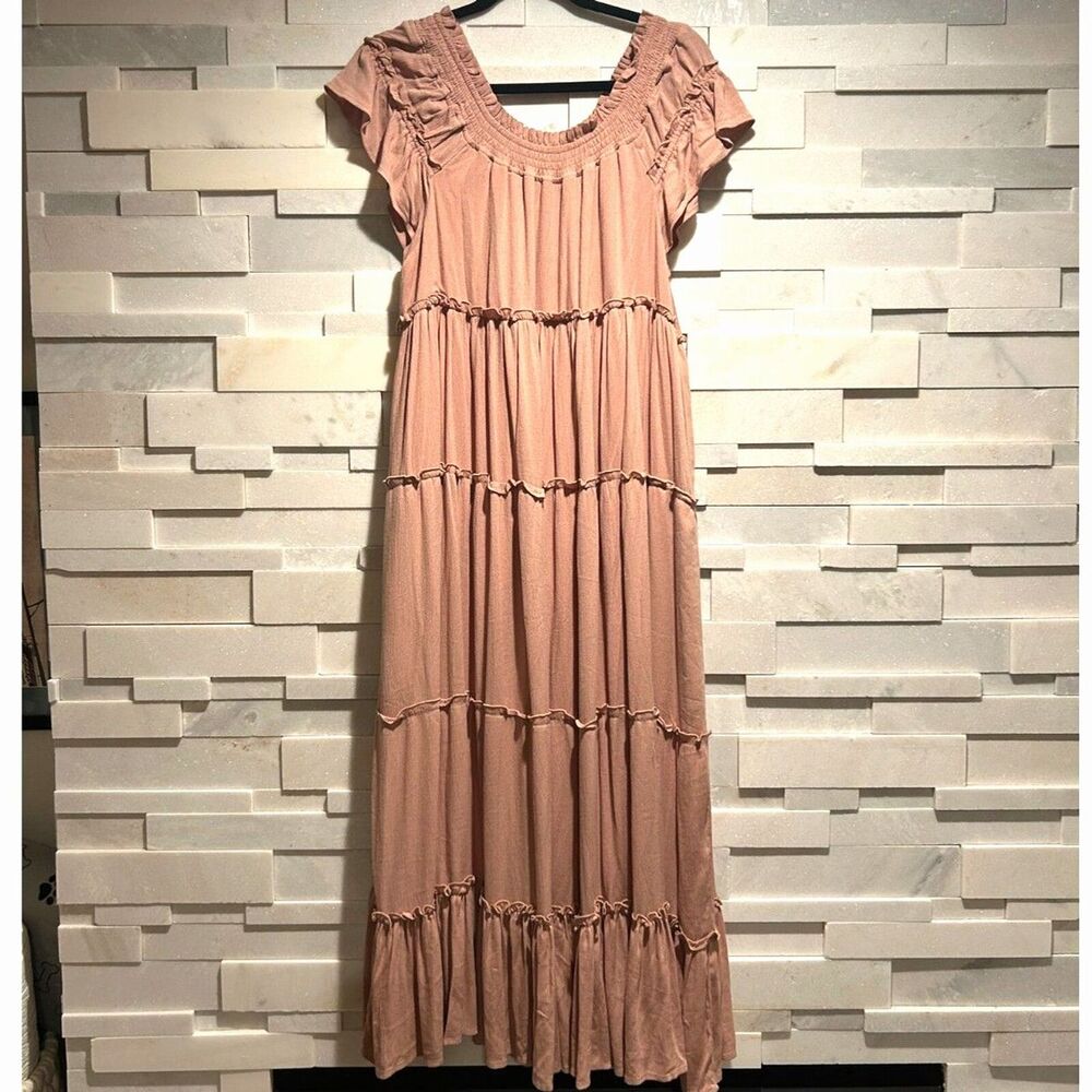 MABLE blush pink mauve tiered ruffle on/off shoulder maxi dress pockets sz L